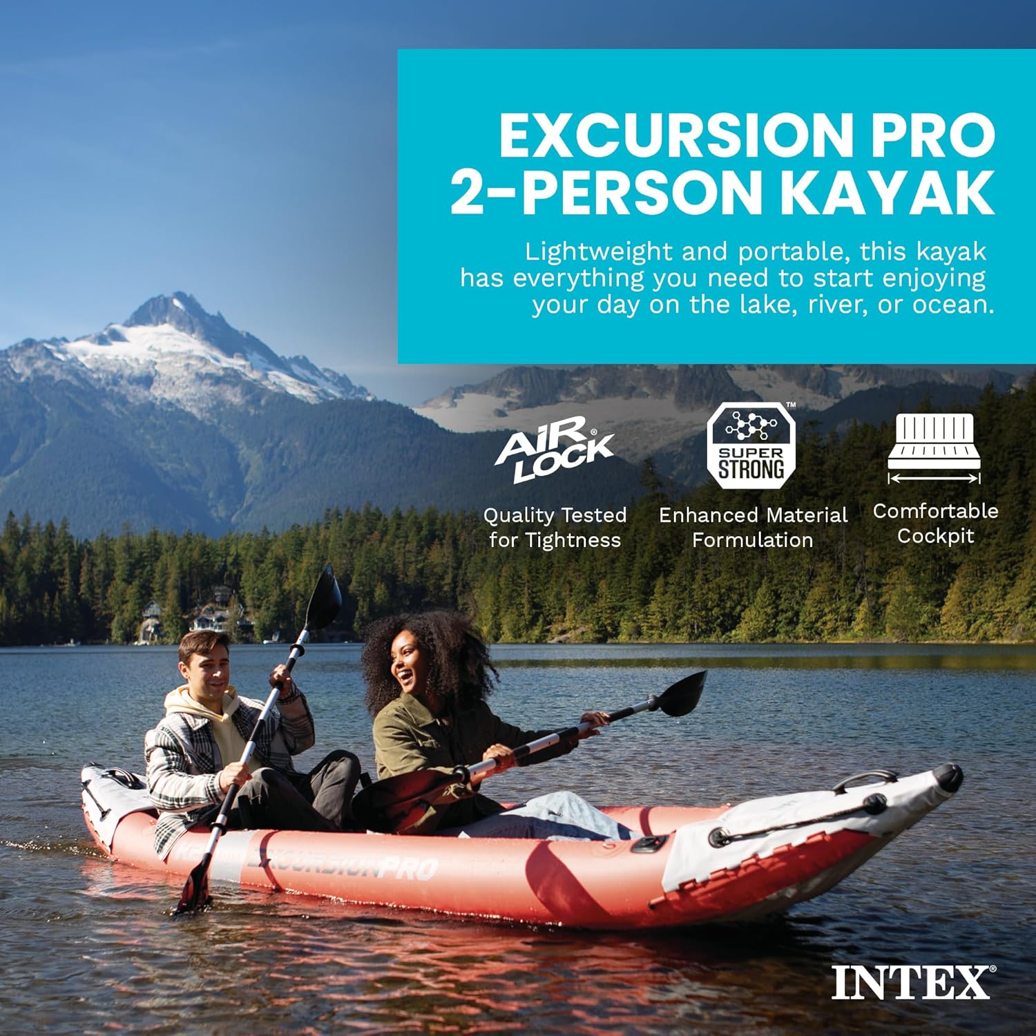INTEX 68309EP Excursion Pro K2 Inflatable Kayak Set: Includes Deluxe 86in Kayak Paddles and High-Output Pump – SuperTough PVC – Adjustable Bucket Seat – 2-Person – 400lb Weight Capacity