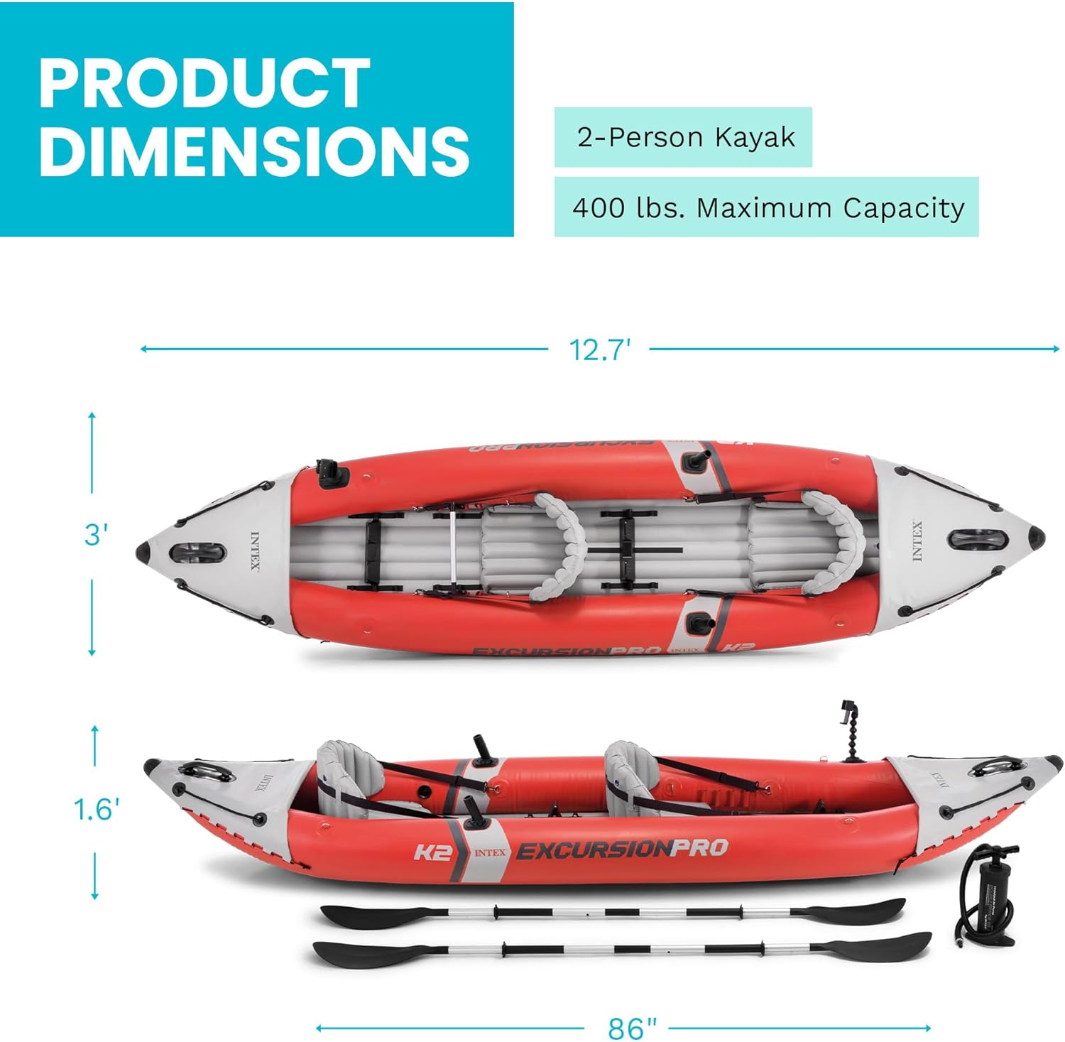 INTEX 68309EP Excursion Pro K2 Inflatable Kayak Set: Includes Deluxe 86in Kayak Paddles and High-Output Pump – SuperTough PVC – Adjustable Bucket Seat – 2-Person – 400lb Weight Capacity