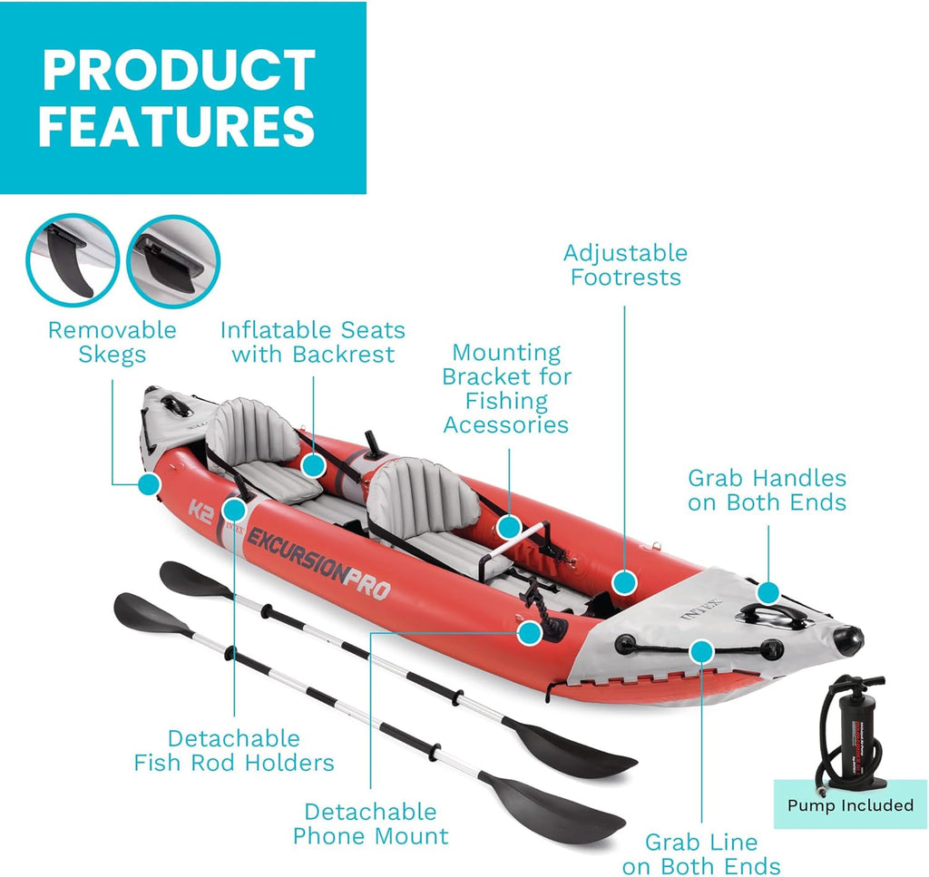 INTEX 68309EP Excursion Pro K2 Inflatable Kayak Set: Includes Deluxe 86in Kayak Paddles and High-Output Pump – SuperTough PVC – Adjustable Bucket Seat – 2-Person – 400lb Weight Capacity