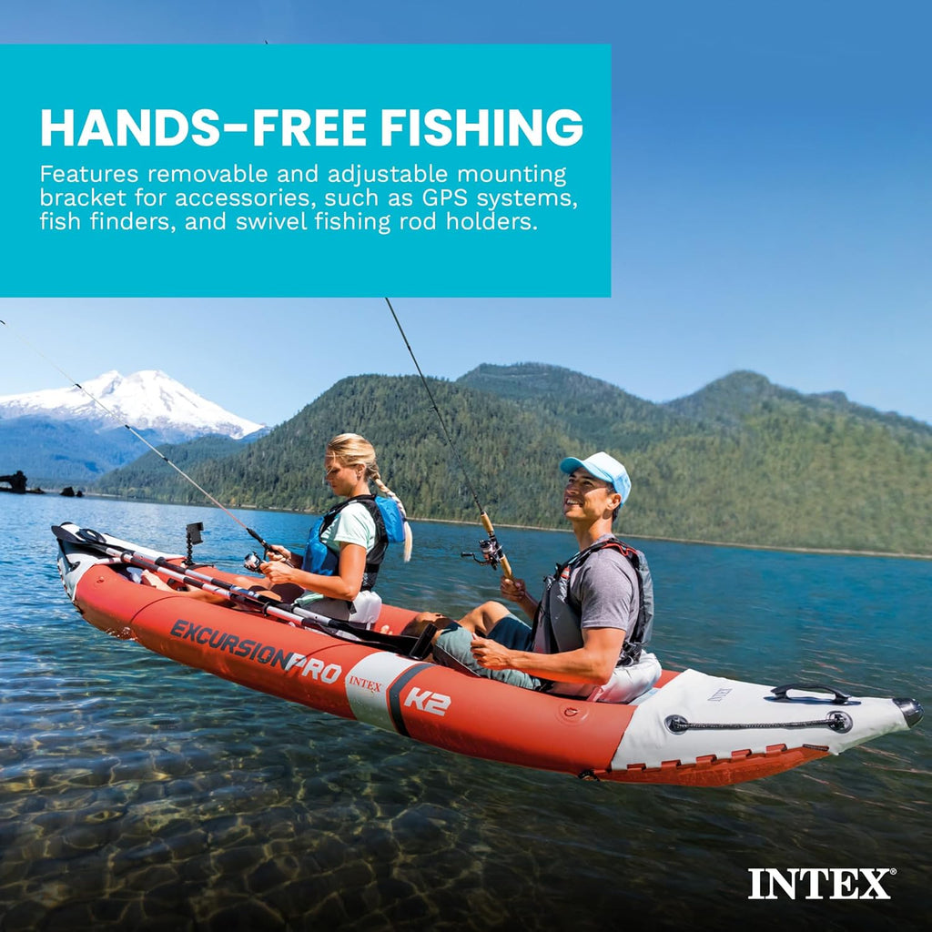 INTEX 68309EP Excursion Pro K2 Inflatable Kayak Set: Includes Deluxe 86in Kayak Paddles and High-Output Pump – SuperTough PVC – Adjustable Bucket Seat – 2-Person – 400lb Weight Capacity